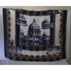 VTG Raffaello Roma Scarf Blue Black White Gold Rome Italy Cityscape Souvenir 39"